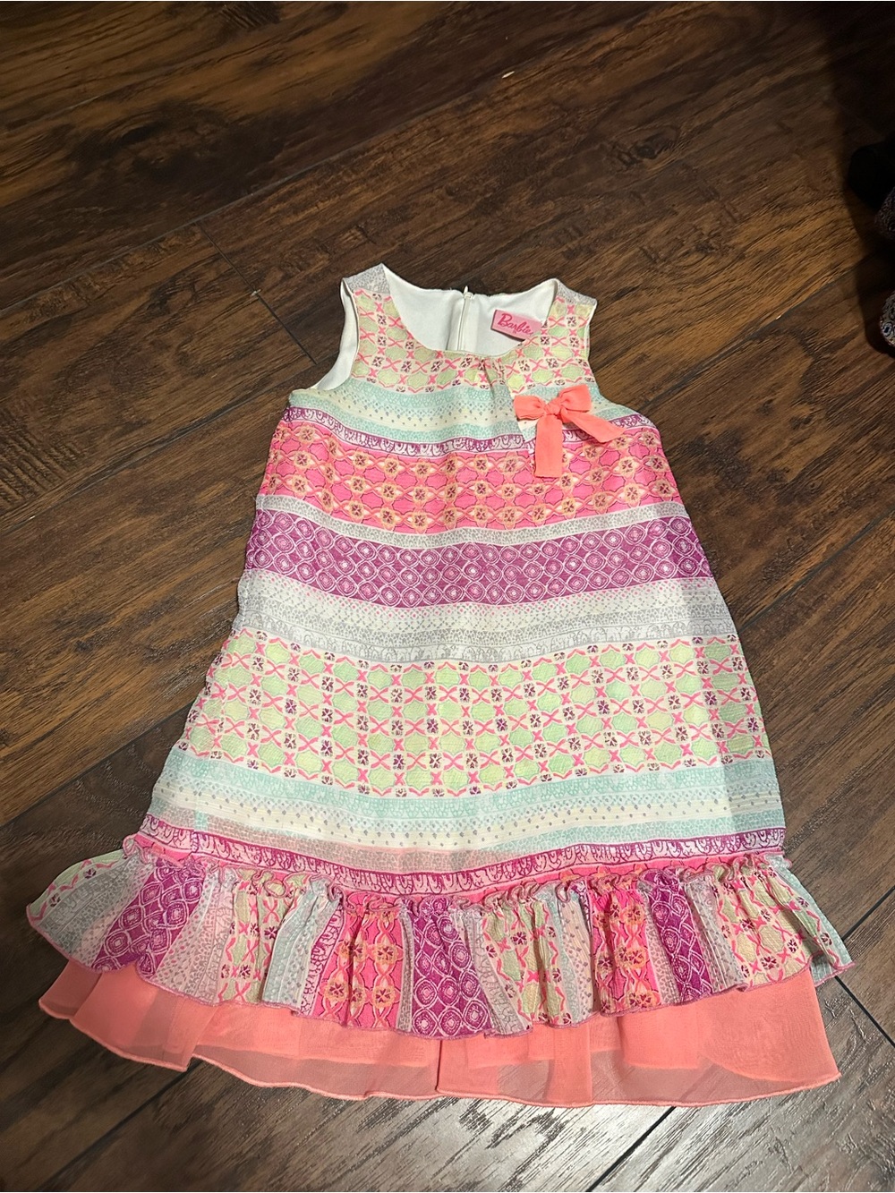 Vintage Barbie Pink and Coral Patterned Sleeveless Dress with Bow Accent